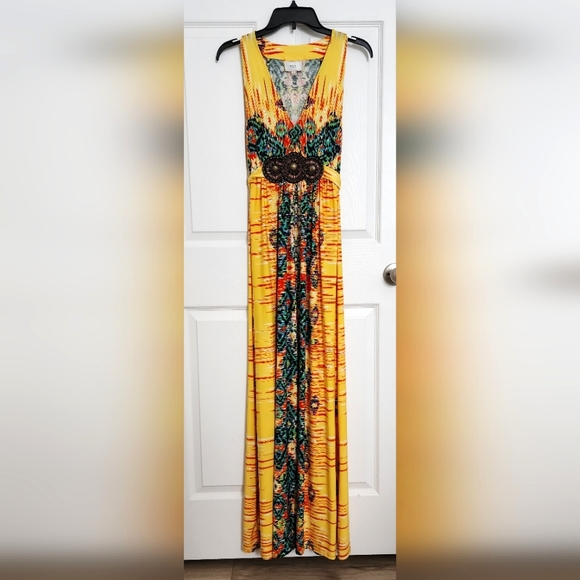 Beaded Yellow & Multicolor Maxi Dress, Size 8 - Picture 6 of 9